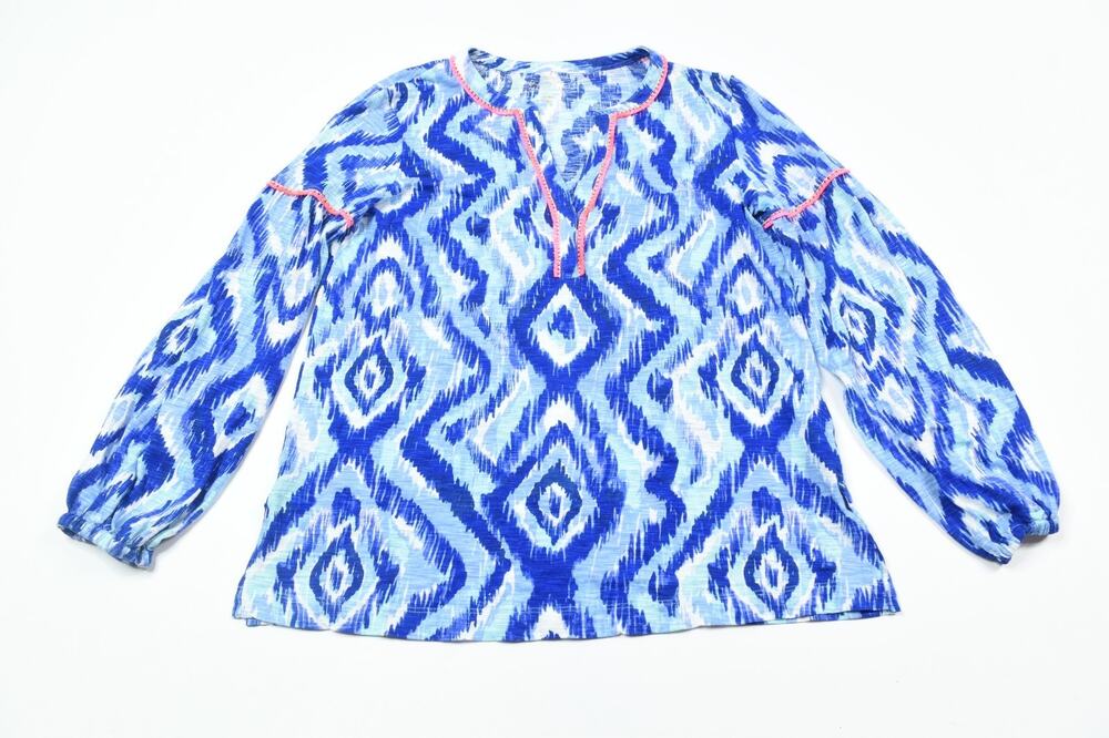 Lilly Pulitzer Kalissa Knit Tunic Top Womens Small Blue Aztec Long Sleeve Cotton